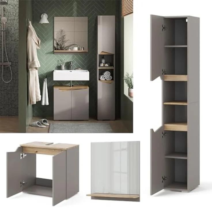Badmöbel-Set Marelle Greige 3 Teile, mit Hochschrank Vicco – Bild 5