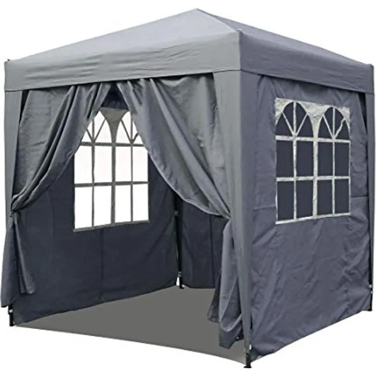 QUICK STAR Pop-Up-Pavillon 2 x 2 m Smoky Grau, Faltpavillon mit 4 Easy-Klett Seitenwänden, 2 mit Fenster und 2 mit Reißverschlüssen