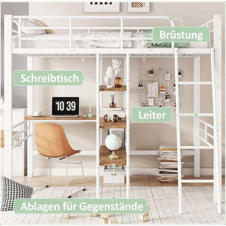 Bett 90x200 cm Hochbett mit Schreibtisch und Regalen, Weiß – stabile Metallkonstruktion