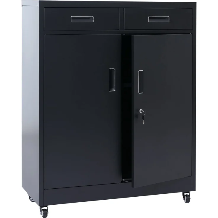 Aktenschrank HWC-O89, Stahlschrank Büroschrank, Rollen Türen Schubladen abschließbar Metall 116x90x40cm ~ schwarz – Bild 1