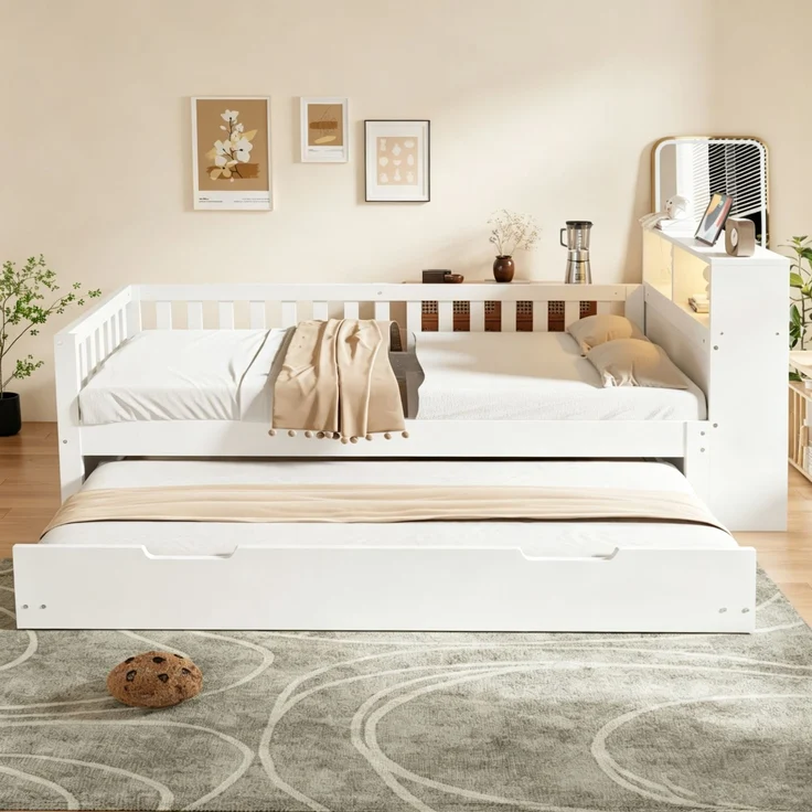 Merax Einzelbett, Multifunktionales Holzbett 90 × 200 cm, Mit Ausziehbarem Bett, Ablage und Staufach, Ausgestattet Mit Steckdose und LED-Beleuchtung, Sicherheitsgitter, Weiß – Bild 2