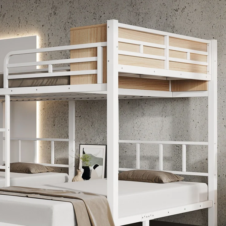 EINHOM Metall-Etagenbett 140 x 200/90 x 200 cm Weiß, Familien-Stockbett mit 3 Schlafplätzen, Offenem Regal, Schuhablage und Leiter für Gästezimmer und Jugendzimmer (Ohne Matratze) – Bild 4