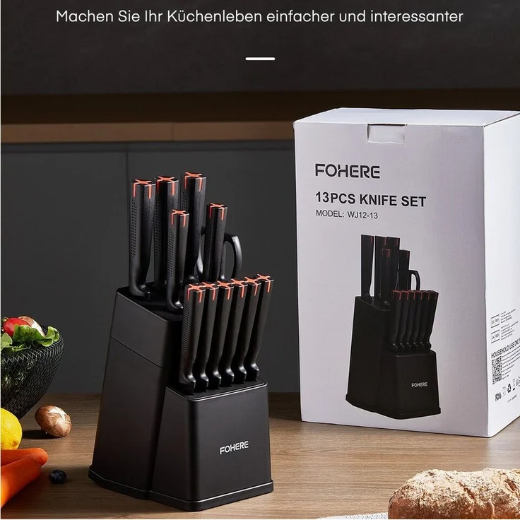 FOHERE Messer-Set 13-teiliges Messerset mit Block und Integriertem Schärfer (13-tlg), hochwertige Edelstahlklingen mit schwarzer Antihaft-Beschichtung – Bild 1