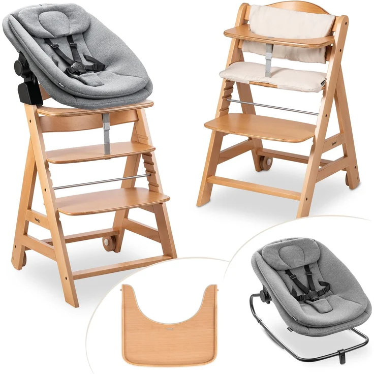 hauck Beta+ Hochstuhl Newborn Set mit Highchair Bouncer - Natural | Mitwachsender Holz Kinderhochstuhl mit Rollen ab Geburt bis 90 kg | inkl. Neugeborenenaufsatz, Essbrett & Sitzkissen