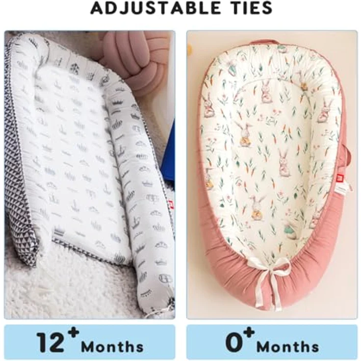 SONARIN Tragbares Babynest Neugeborene,Weiches Atmungsaktives Baby Nestchen Kuschelnest,Reisebett Kokon für Baby Säuglinge,mit Reversible 100% Baumwolle Bezug,88 x 53 cm(Grau-Blatt) – Bild 5
