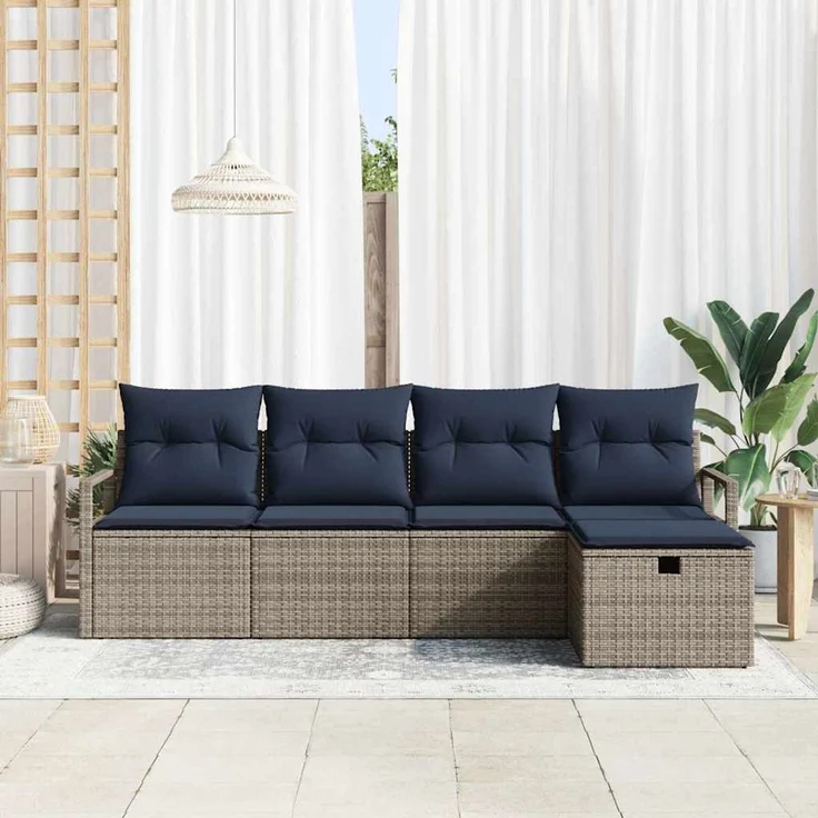 vidaXL Sofa Set 5 stk. 5-Sitzer Grau und Marineblau Poly-Rattan 3359164 – Bild 3