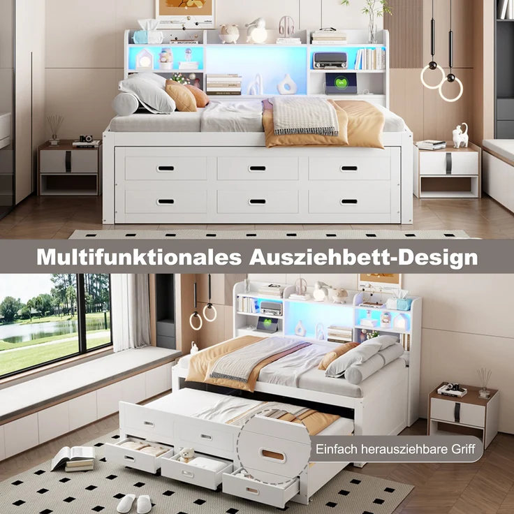 Bett 90x200 cm mit Ausziehfunktion, LED-Fernbedienung und Stauraum – Weiß – Bild 8