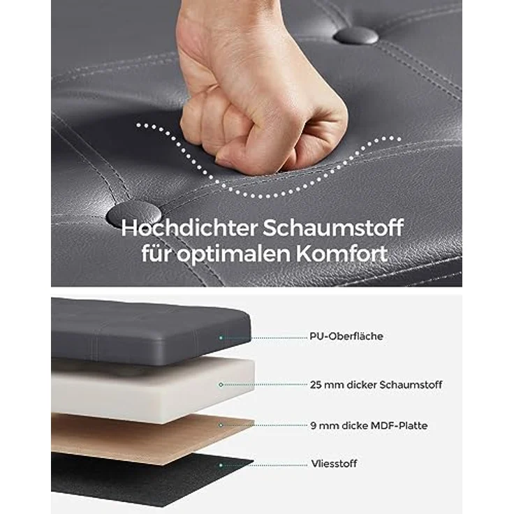 Songmics 76 cm Sitzbank mit Stauraum, Sitztruhe, Aufbewahrungsbox, Fußhocker, faltbar, gepolstert, Bezug aus Kunstleder, bis 300 kg belastbar, dunkelgrau LSF040G01 – Bild 6