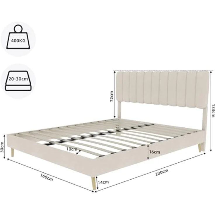 Ball & Cast Polsterbett Doppelbett (160x200 cm) - Mit Kopfteil & Lattenrost, Dutch Velvet Stoff, Zeitsparende Montage, Beige – Bild 2