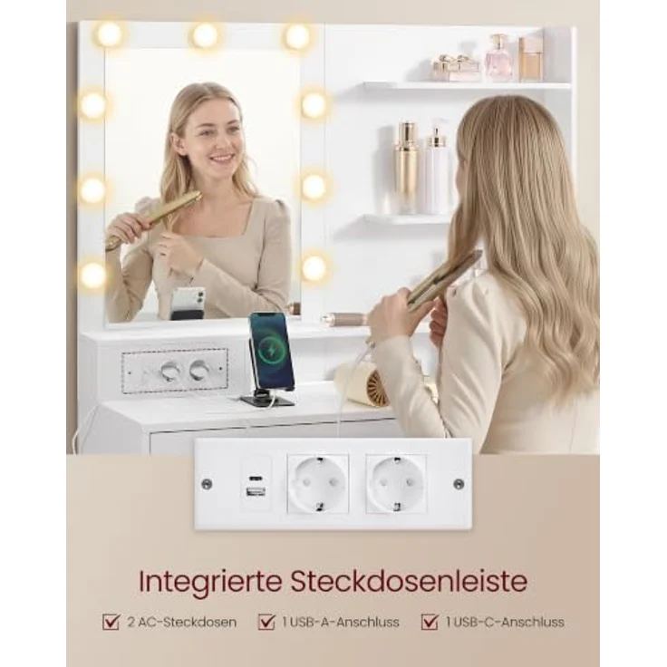 VASAGLE Schminktisch mit Beleuchtung und Hocker Set | Kosmetiktisch in L-Form mit 8 Schubladen und Steckdose, für Schlafzimmer, KAILYN Kollektion RDT140WB01-02 – Bild 7