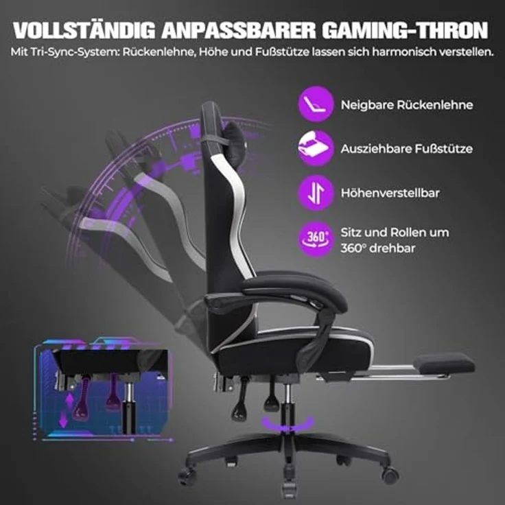 GTPLAYER Gaming Stuhl Ergonomischer, PC Stuhl Atmungsaktiver Stoff, Groß und Hoch Drehbarer Schreibtischstuhl mit Fußstütze,Verstellbare Lendenwirbelstütze und Kopfstütze,Schwarz – Bild 4