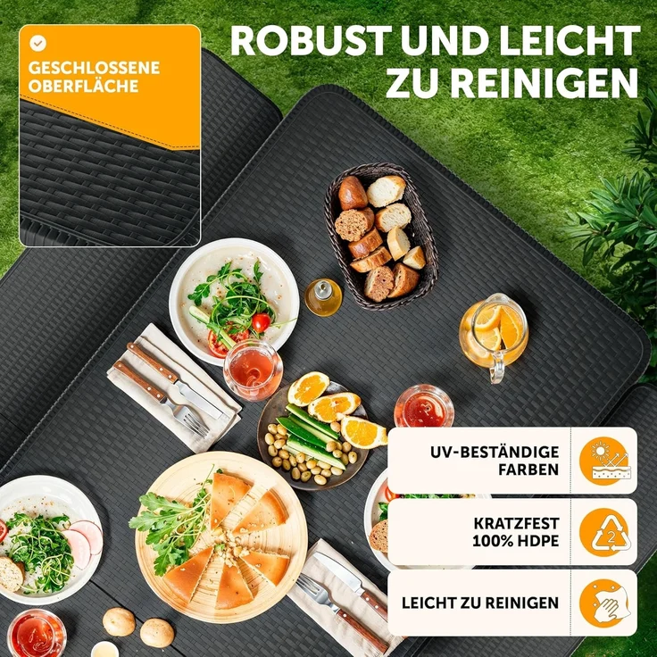 Blumtal Bierzeltgarnitur 3er Set - 2X Bierbank + 1x Biertisch - tragstarke Biertischgarnitur klappbar für 8 Personen - Bierbankgarnitur mit Tragegriff - Biergartengarnitur in Rattan-Optik Schwarz – Bild 4