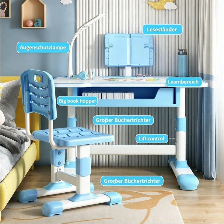 Rutaqian Kinderschreibtisch Kinderschreibtisch höhenverstellbar, Schreibtisch Kinder mit Stuhl (Höhenverstellbarer Ergonomischer Schreibtisch-Stuhl Set), Kinderschreibtisch-Stuhlset mit Tischlampe für Jungs und Mädchen – Bild 4