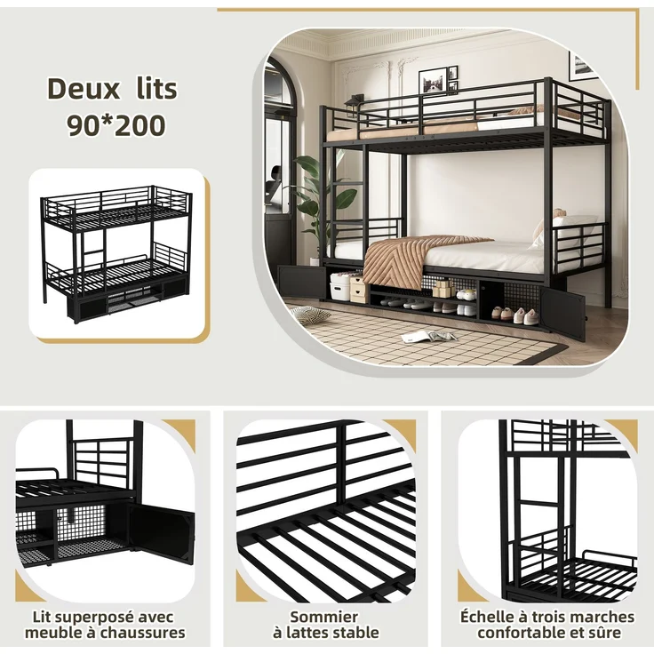 EINHOM Eisenrahmenbett, Etagenbett, Offener Schuhschrank, Doppeltüriger Kleiner Lagerschrank, Geeignet für Kinder und Jugendliche, mit Seitenleiter, mit Fallschutzgitter, Eisen, Schwarz, 90 x 200 cm (Ohne Matratze) – Bild 5