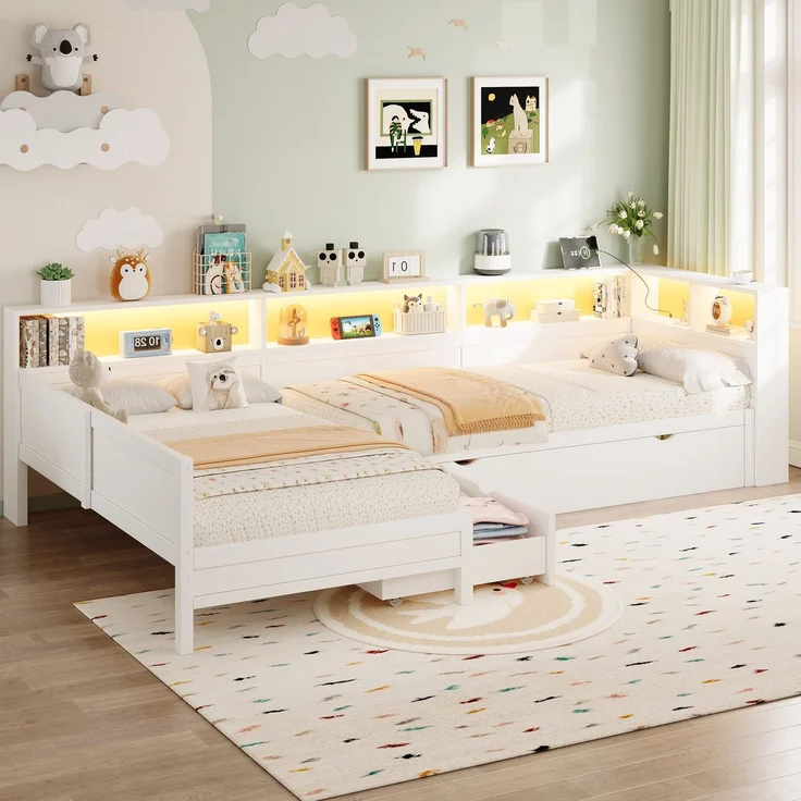 Bett mit LED-Streifen, 3 Schlafgelegenheiten, Regal, Schubladen und Gästebett, 90x200 cm, Holzbett, Jugendbett mit 2 Lattenrosten, L-Form – Bild 3