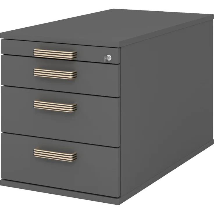 bümö Rollcontainer mit Schubladen, Container abschließbar aus Holz in graphit - Rollwagen für's Büro als Schreibtisch Unterschrank, Bürocontainer od. Schreibtischcontainer mit Streifengriffe, TC30-G-G-SG