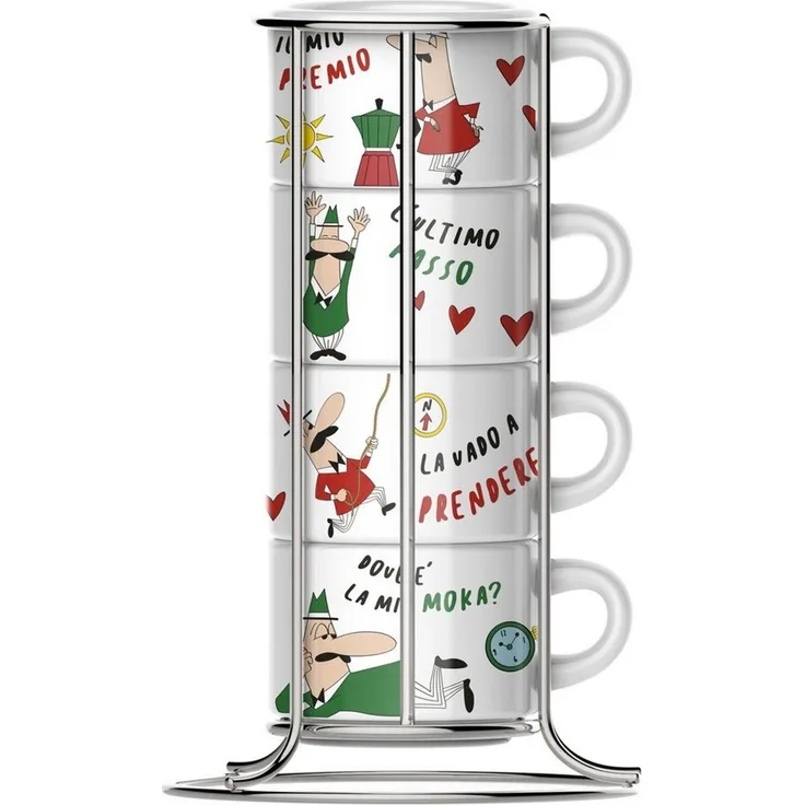 BIALETTI Cappuccino Kaffee Tassen 4'er Set mit Ständer Porzellan Italia TAZZ203