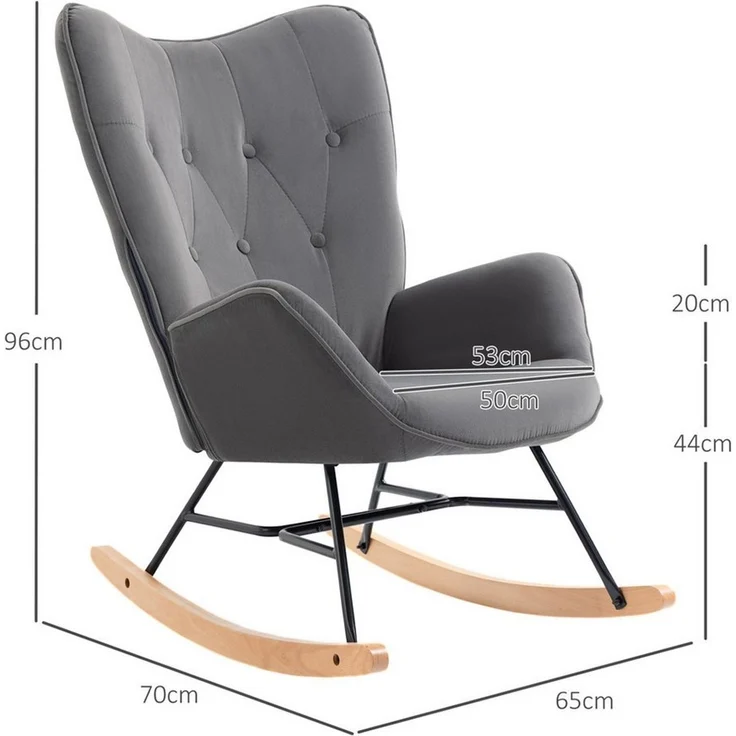 HOMCOM Schaukelstuhl mit Stahlrahmen gepolstert Relax Stuhl Sessel Stuhl Wohnzimmersessel Lounge mit gepolsterter Sitzfläche samtartiges Polyester Gummiholz Metall Dunkelgrau+Natur 65 x 70 x 96 cm – Bild 2