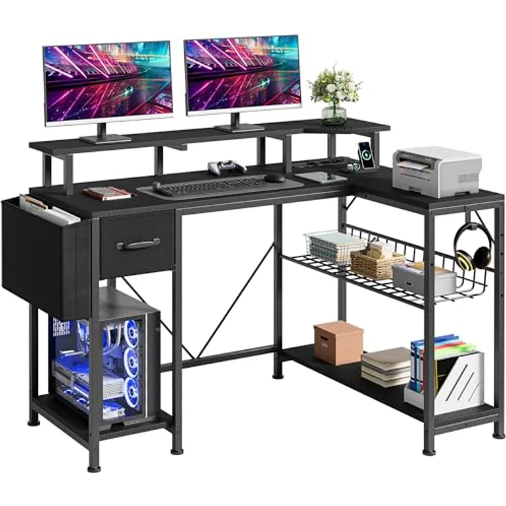 YITAHOME Gaming Tisch mit Steckdosen & LED-Lichter, L Form Computer Schreibtisch mit Monitorständer, Eckschreibtisch mit Schubladen & Regalen, Computertisch für Home Office, 120 x 50 x 92 cm, Schwarz
