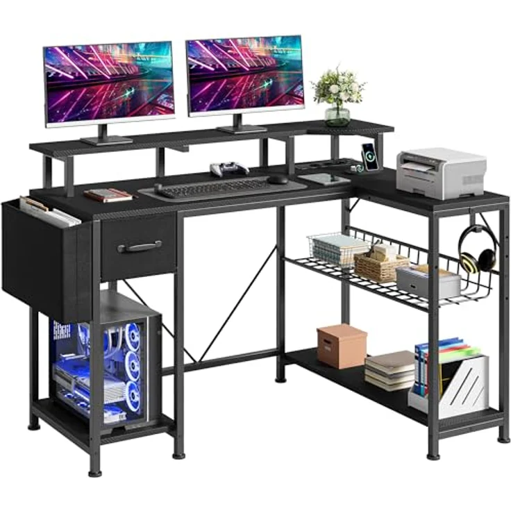 YITAHOME Gaming Tisch mit Steckdosen & LED-Lichter, L Form Computer Schreibtisch mit Monitorständer, Eckschreibtisch mit Schubladen & Regalen, Computertisch für Home Office, 120 x 50 x 92 cm, Schwarz – Bild 1