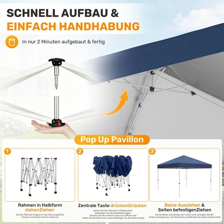 Hawthyhome Faltpavillon 3x3m Pop Up Partyzelt, wasserdicht & UV-Schutz 50+, One-Touch-Schnellaufbau, 3 Höhenstufen, stabiles Kohlenstoffstahl-Gestell, inkl. Tragetasche, für Garten, Camping & Outdoor, Blau – Bild 4
