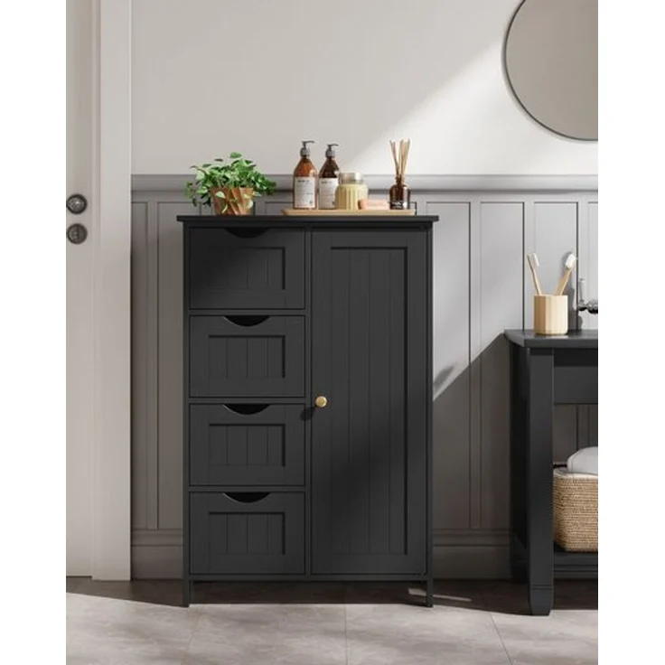 Vasagle Badezimmerschrank mit 4 Schubladen und verstellbarer Ablage, MDF tintenschwarz, 82 x 30 x 55 cm – Bild 1