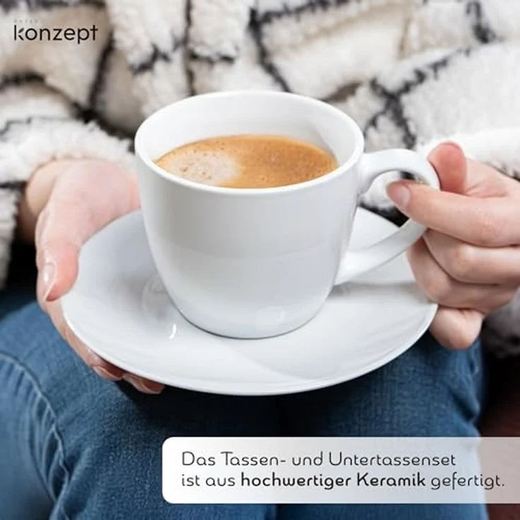 KONZEPT Tasse Kaffeetassen Set 6er 230 ml mit Untertassen Weiß für 6 Personen, 6-tlg, Weiß – Bild 4