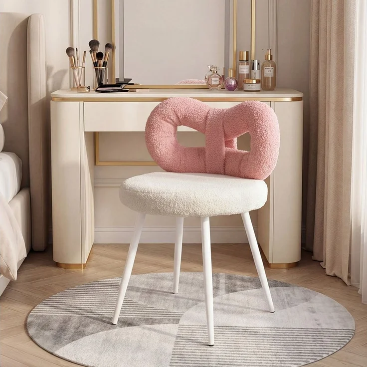Rutaqian Stuhl Schminkhocker mit Bowknot Rückenlehne,Make-Up Stuhl, Einstellbare Fuß Pads,Armless,Dressing Stuhl Seite Tisch Sitz – Bild 3