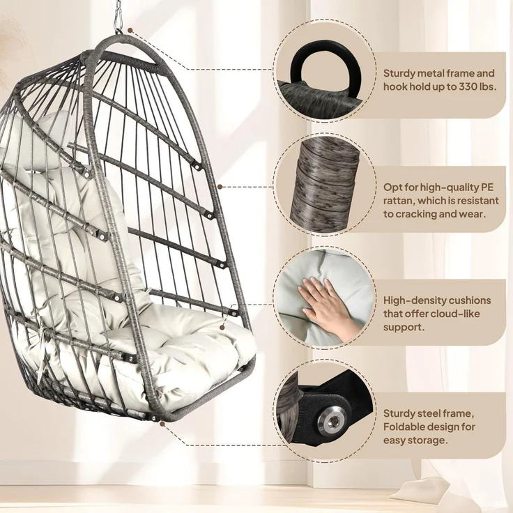 Hängesessel Rattan Korbgeflecht Kissen Gestelle Schwarz Stuhl Grau – Bild 4