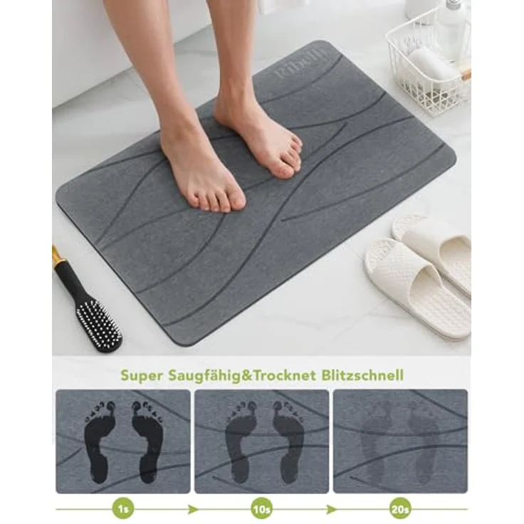 Ribelli Kieselgur Badematte rutschfest 60x39 cm, Duschvorleger Badvorleger Schnelltrocknend, 100% Natürlich Stein Bodenmatte, Bad Matte Super Saugfähig Badezimmermatte – Bild 4