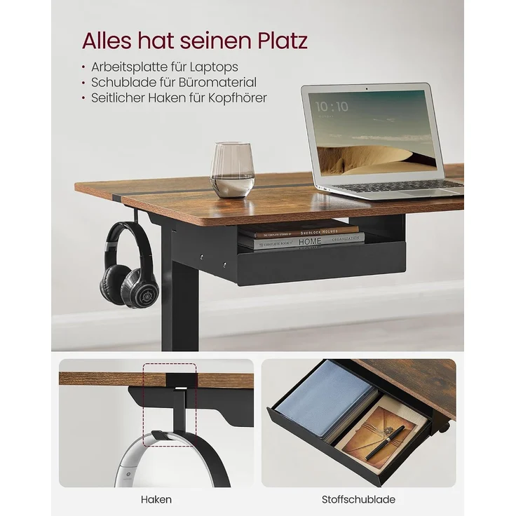 Vasagle Höhenverstellbarer Schreibtisch elektrisch, mit Steckdose und Schublade, stufenlos verstellbar, Memory-Funktion mit 4 Höhen, vintagebraun-schwarz, Tischoberfläche 60x120 cm – Bild 7