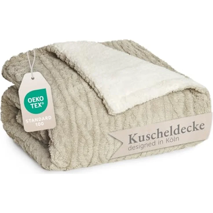 Blumtal Kuscheldecke Sand, Rechteckig 130x150 cm, Oeko-Tex® Standard 100, Flauschige Zopfstrick-Optik mit Sherpa-Innenseite – Bild 1