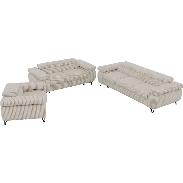 Sofagarnitur PETER 1-2-3 mit Schlaffunktion, verstellbare Kopfstützen, verstellbare Armlehnen, freistehend, Wellenfederung, Polstermöbel-Set, 3-teilig, Couchgarnitur - Beige Cord – Bild 10