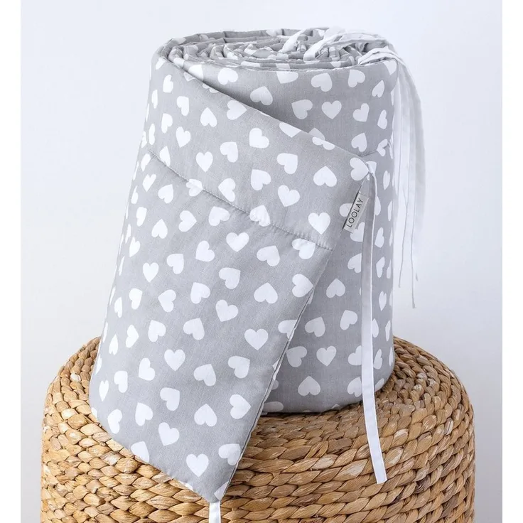 Loolay Bettnestchen GRAU WEIß Baumwolle BETTUMRANDUNG Babybett 420, 360, 210, 180 x 30cm, (Babyausstattung Babynest Kopfschutz Kantenschutz Baby, 100% Baumwolle Babybett Bettschutzgitter Umrandung), LOOLAY® - 100% Europäische Stoffe und Kleinserien-Nähen!