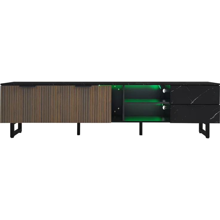 TV-Schrank 200x38x50 cm mit LED-Beleuchtung – schwarze Marmoroptik und dunkle Holzmasertüren – Bild 6