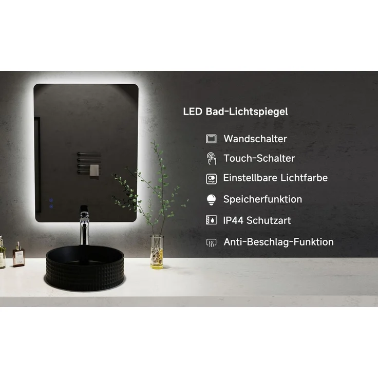 welltime LED-Lichtspiegel Toledo eckig, Spiegel mit LED Beleuchtung, Badspiegel, mit Anti-Fog Beschichtung – Bild 2
