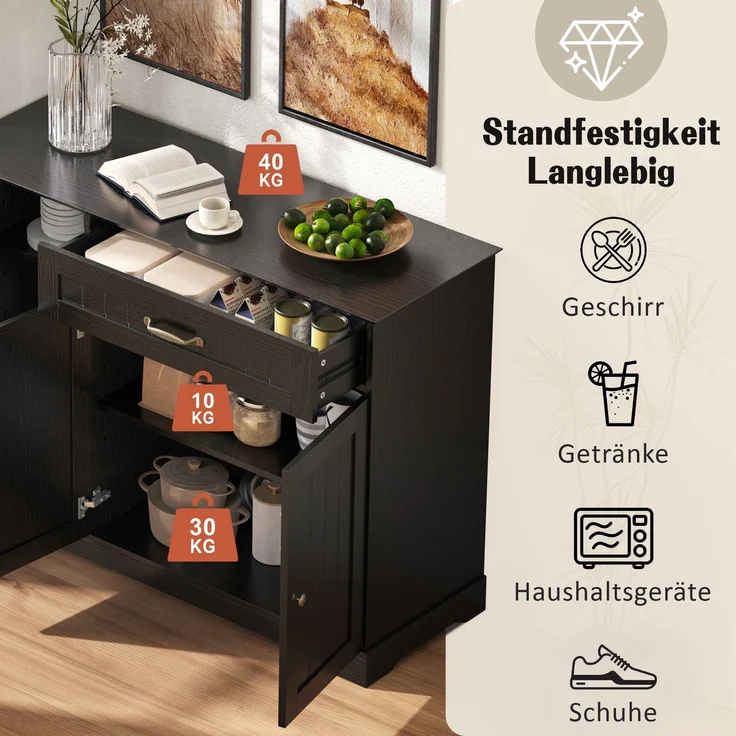 Modernes, elegantes Sideboard mit 3 Türen und einer Schublade, Buffetschrank für Esszimmer, Wohnzimmer und Diele (Schwarz) – Bild 6