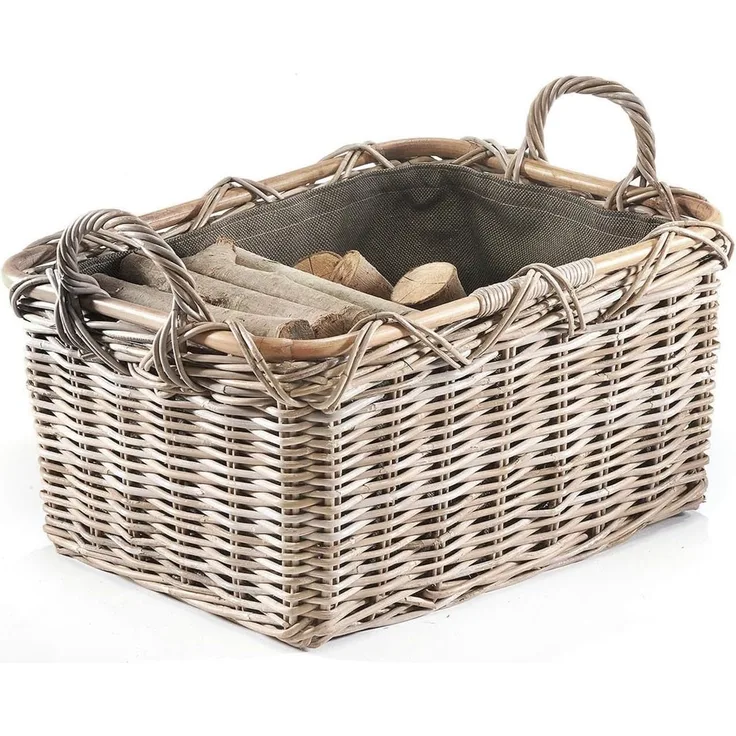 Kobolo Kaminholzkorb Holzkorb Feuerholzkorb, Rattan grau mit Griffen und Leinen, Brennhol (Stück, Stück), 56Lx41x29/36cm