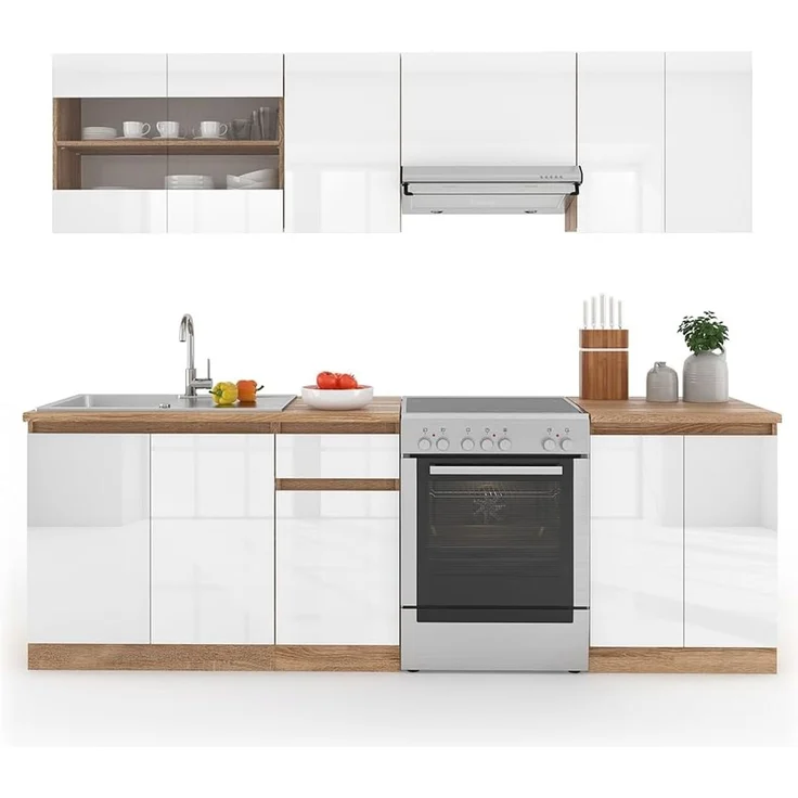 Küchenzeile R-Line Weiß Hochglanz/Weiß 240 cm, AP Sonoma mit LED-Leisten Vicco – Bild 9