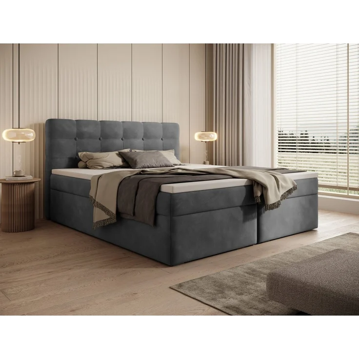 thematys Boxbett Luxus mit Bettkasten 180x200cm, mit Bonnellfederkernmatratze H3, Bouclé/Velours, mit Stauraum, mit 3 cm Topper, Grau (Holland 910), Art.-Nr. S0WGG0ANGOO – Bild 1