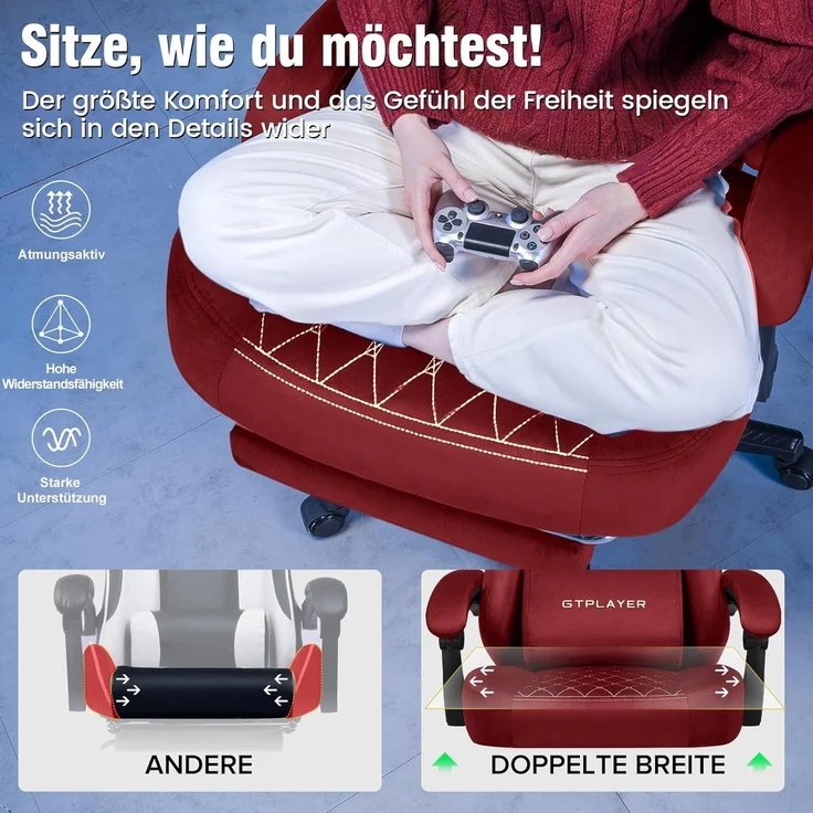 GTPLAYER Gaming Stuhl Stoff Gaming Chair Ergonomisch Bürostuh PC Stuhl, 150kg Belastbarkeit, Verstellbarer und Drehbarer Schreibtischstuh mit Federsitzkissen und Fußstütze, Rot – Bild 2