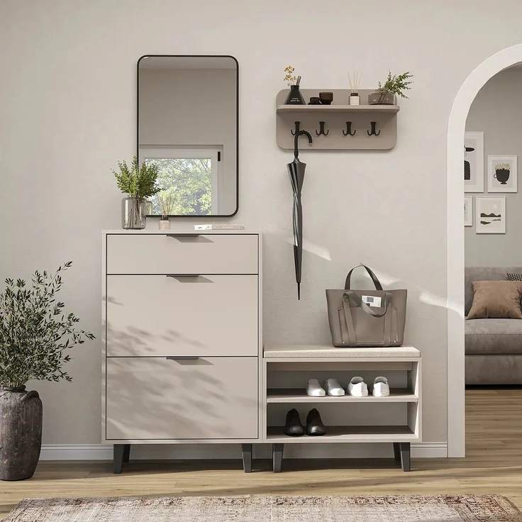 Roomart NORD Garderobenset 4-teilig – Schuhschrank, Sitzbank, Wandgarderobe & Spiegel – Flurgarderobe – H 112 x B 73.6 x T 35 cm (Schuhschrank) • Beige – Bild 3