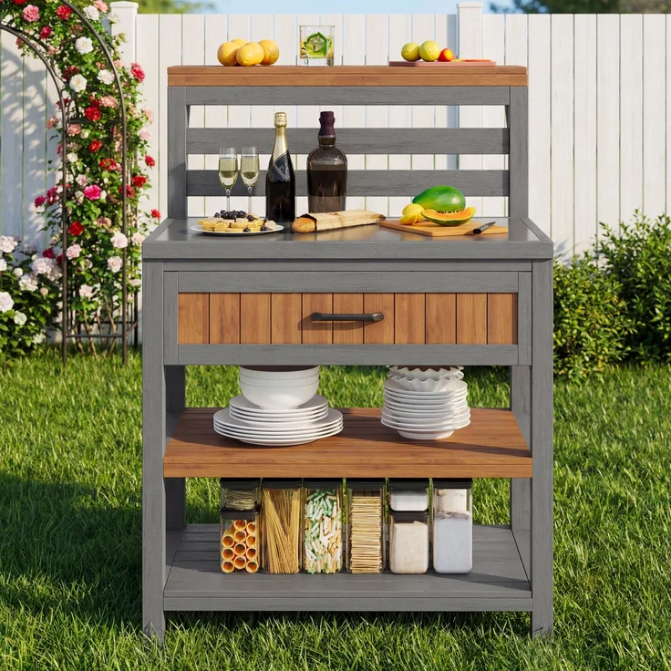 Merax Gartenschrank Holz Outdoor wetterfest Geräteschrank, Outdoor-Schrank mit Edelstahl-Arbeitsplatte & großer Schublade, Grillstation mit doppelter Ablage, kippsicheres Design – Bild 2