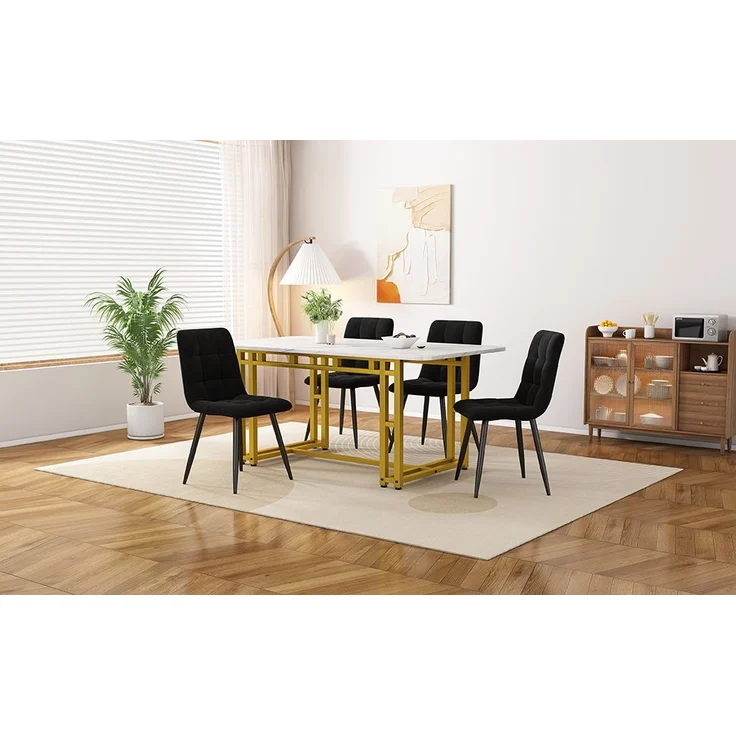 Esstisch Set 120x70 cm mit 4 schwarzen Samtstühlen, goldene Metallbeine – Bild 2