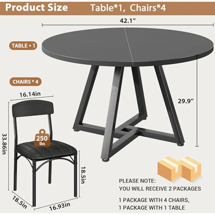 Esstisch Runder und 4 Esszimmerstühle Set, Essgruppe 5-Teilig, Küchentisch mit stabilem Metallgestell und 4 stühle, platzsparender Esszimmertisch aus Holz im Industrial Design (Schwarz, 107cm) – Bild 8