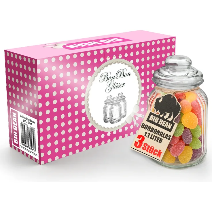 BigDean Bonbonglas 3x 1100ml Bonboniere Bonbonglas mit Deckel in Geschenkbox Vorratsgläser Spülmaschinfest Candy Bar Gläser