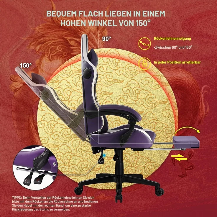 GTPLAYER Gaming Stuhl Gamer Stuhl mit Bluetooth-Lautsprechern und Fußstütze, Dragon Series Bürostuhl, Ergonomischer Drehsessel, Computerstuhl 150KG, lila – Bild 6