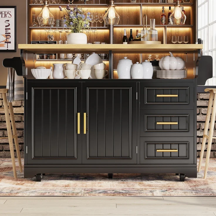 Abrihome Multifunktionale Kücheninsel Küchenbuffet Sideboard, Schwarz, auf Rollen, Esstisch-Erweiterung – Bild 3