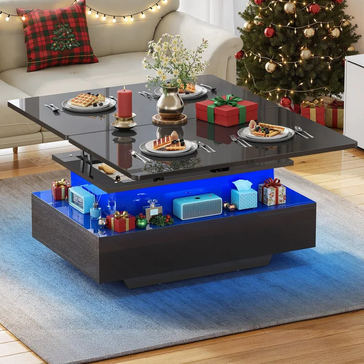 YITAHOME Couchtisch Höhenverstellbar, Wohnzimmertisch Hochglanz mit 2 Schublade und LED, Couchtische mit Verstecktem, Kaffeetisch Fach Umwandelbar in Esstisch