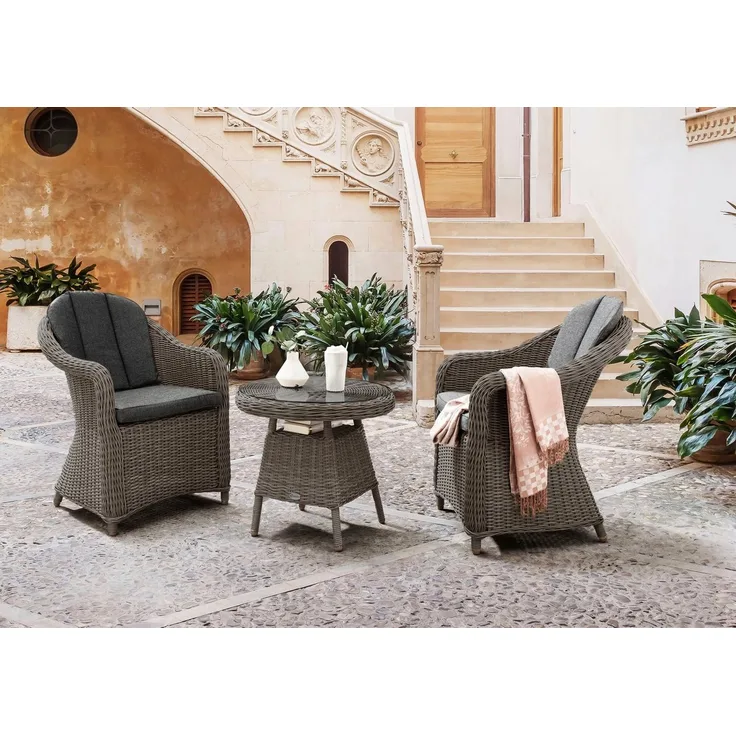 Destiny Balkonset MALAGA, (7-tlg, 2x Sessel, 1x Beistelltisch, inkl. Auflagen), Aluminium, Polyrattan